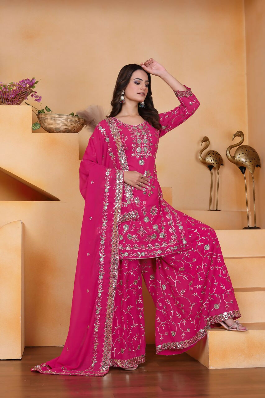 Teeya Creation Pink Color Faux Georgette Embroidery Work Wedding Wear Palazzo Set - Distacart