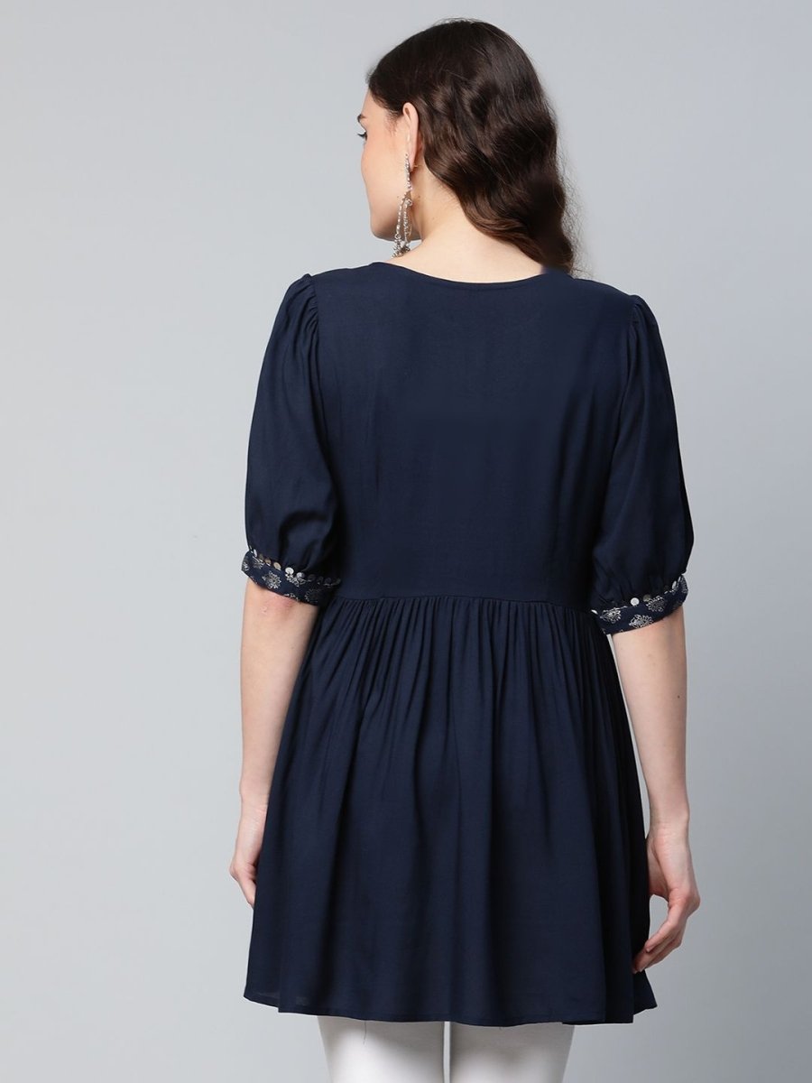 Ahalyaa Women Navy Blue Rayon Silver Foil Print Tunic - Distacart