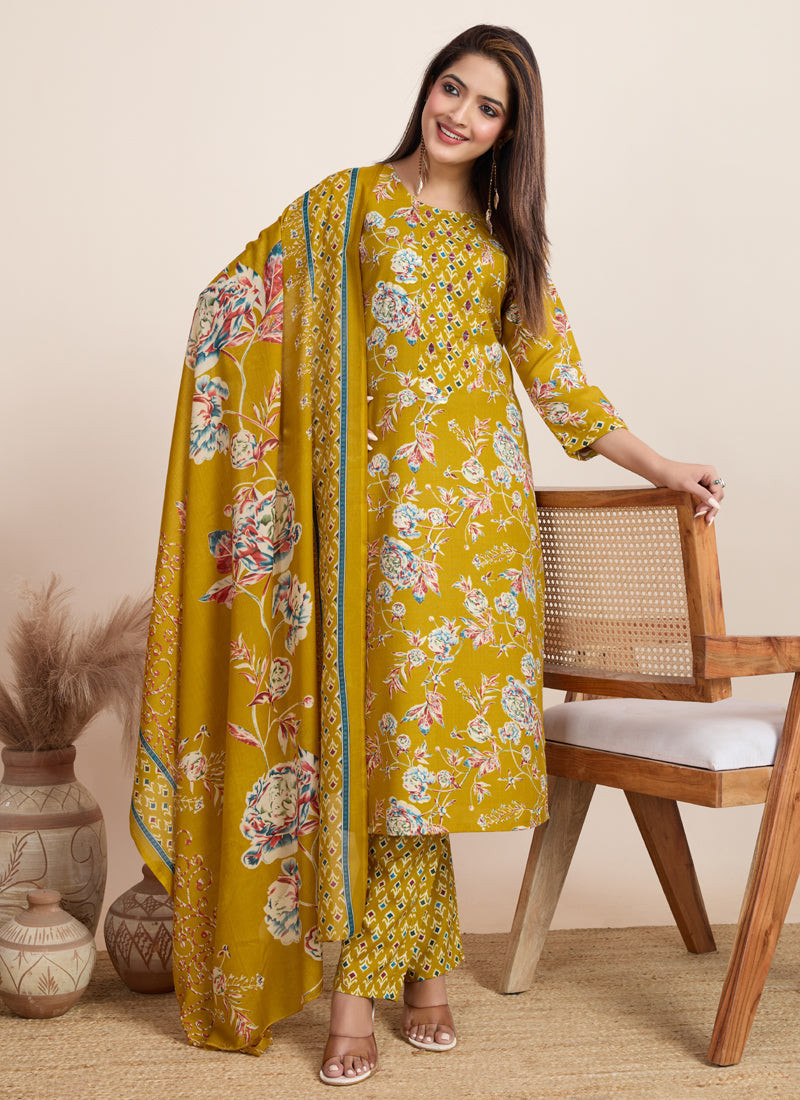 Prazu Fashion Yellow Printed Cotton Blend Festival Wear Salwar Suit - Distacart