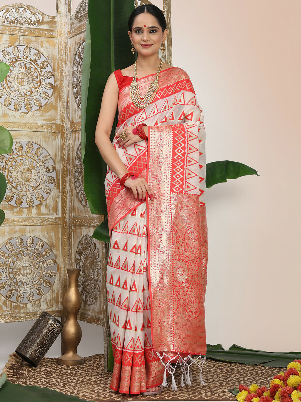 Shree Shyam Fashion Linen Cotton Red & White Saree - Distacart