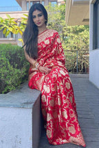 Vamika Weaving Banarasi Jacquard Red Kanjivaram Saree