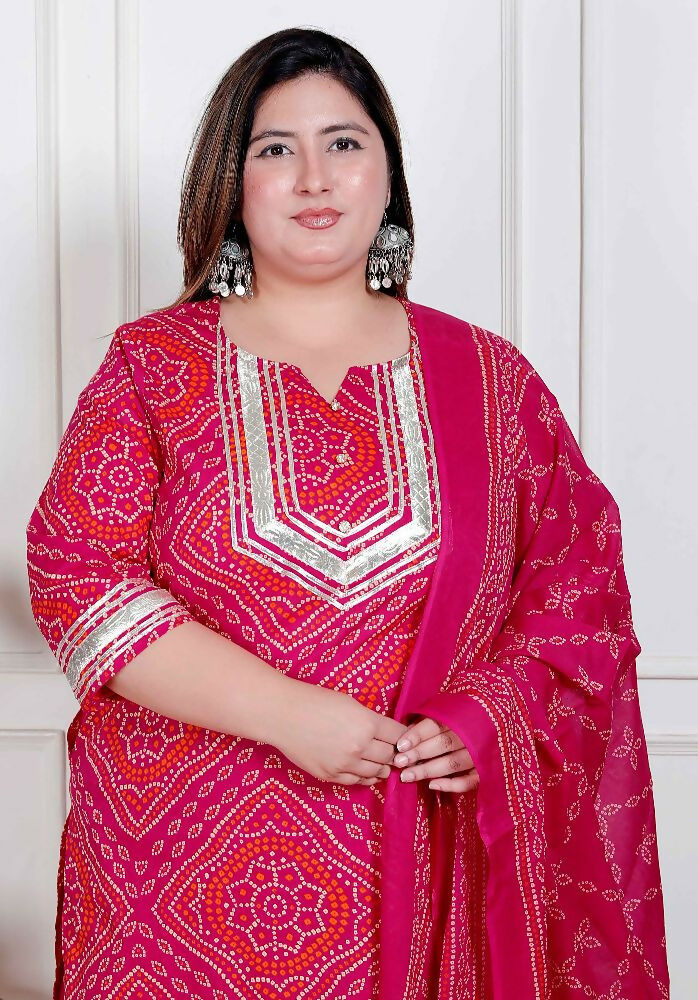 Miravan Plus Size Women'S Pink Bandhani Printed Straight Kurta With Palazzo & Dupatta - Distacart