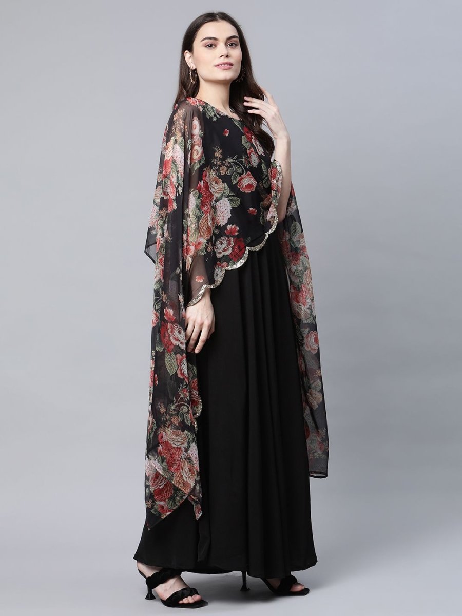 Ahalyaa Women Black Crepe Dress With Attached Dupatta - Distacart