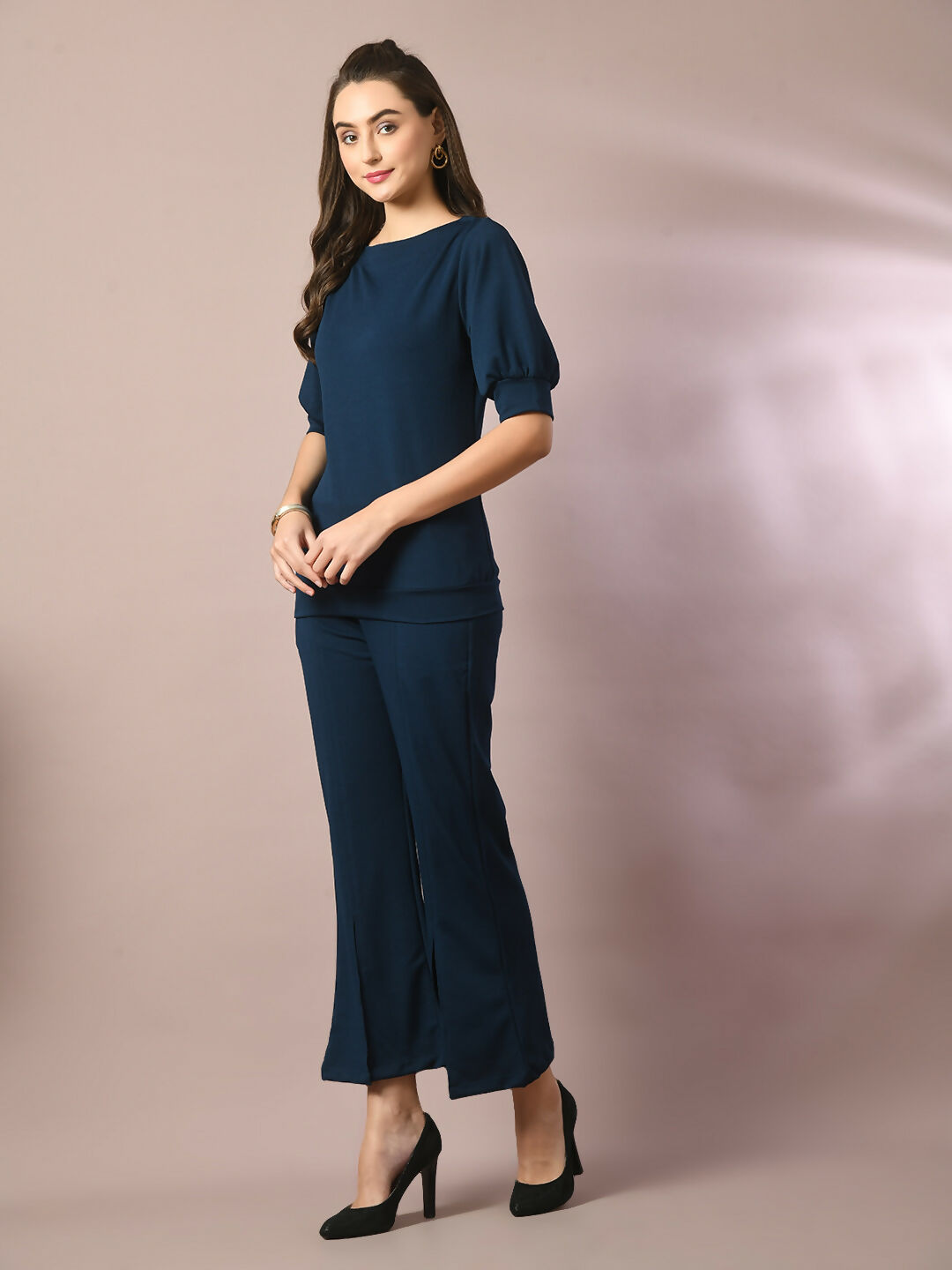 Myshka Women's Blue Solid Boat Neck Party Top