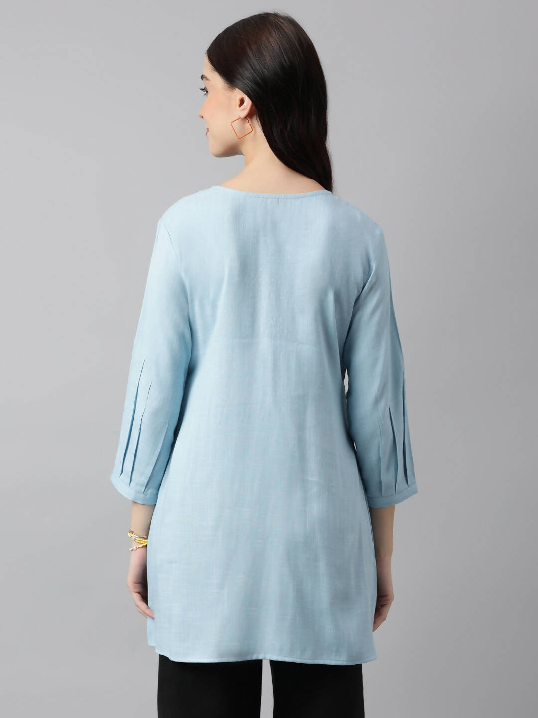 Light Blue Rayon Yoke Embroidered A-line Top - Tarini