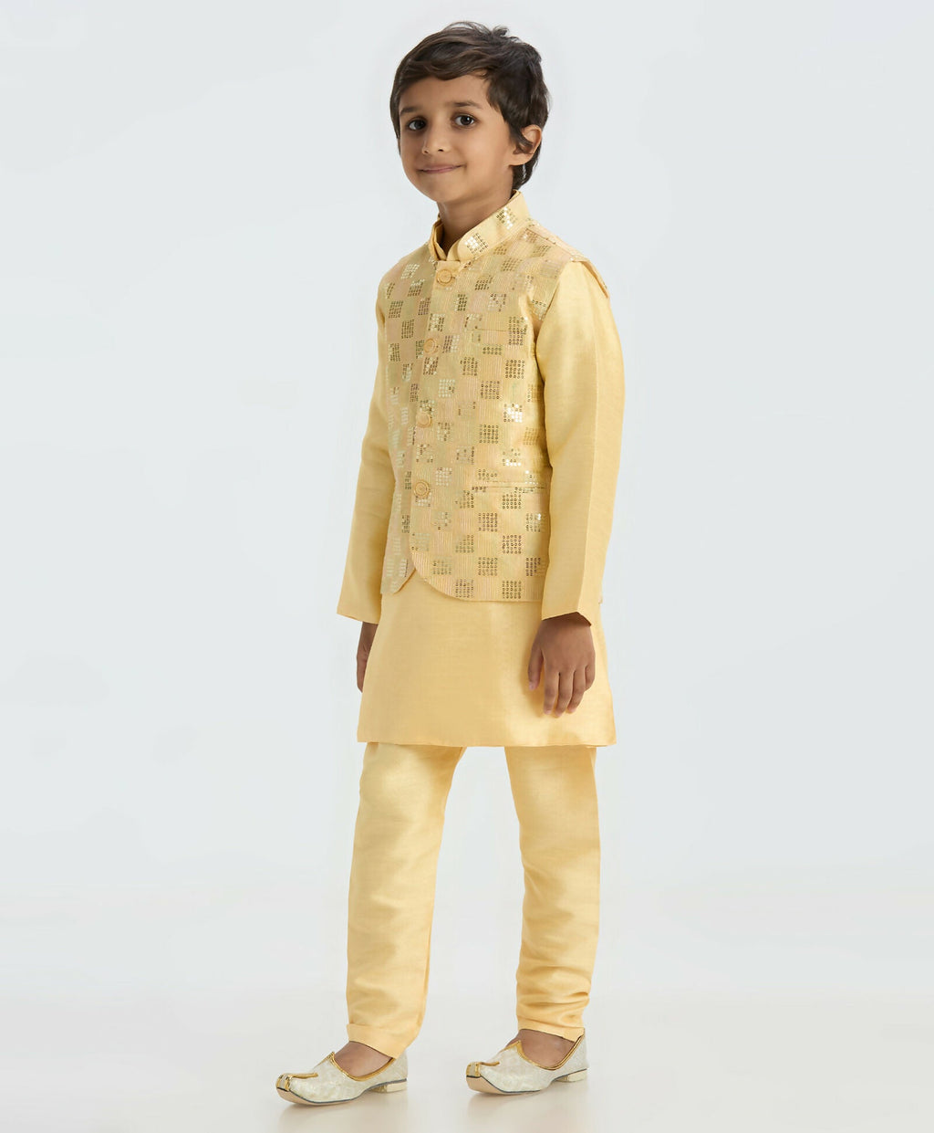 Joban Fashion Kids Island Elegant Box Sequence work Nehru Jacket Full Sleeves Kurta, Pyjama Set - Golden - Distacart