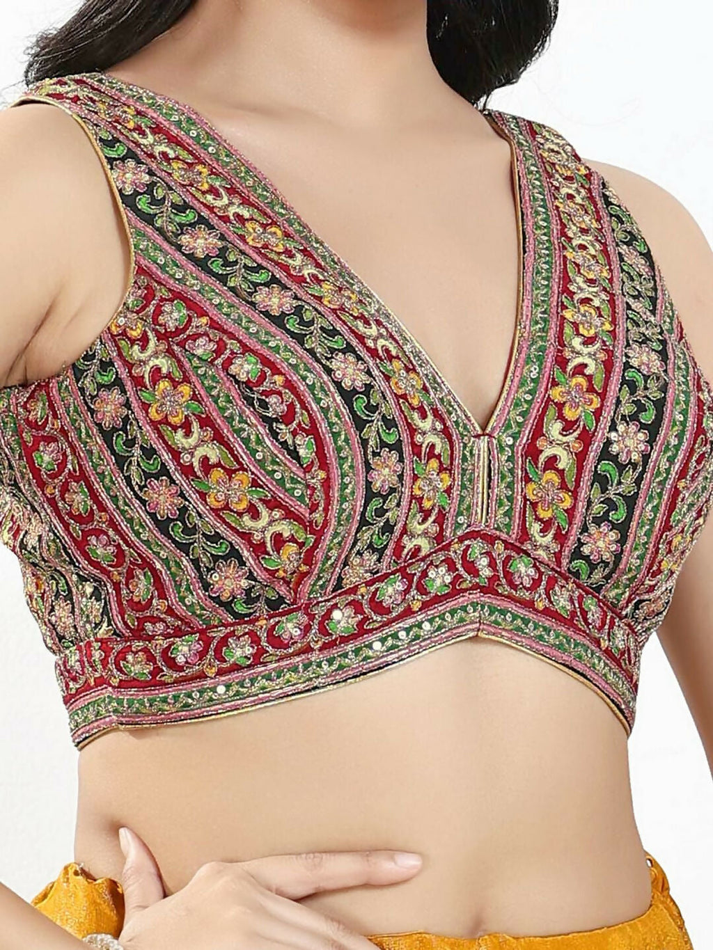 Joban Fashion Maroon Multi Georgette Padded Blouse With V Neck Sleeveless - Distacart