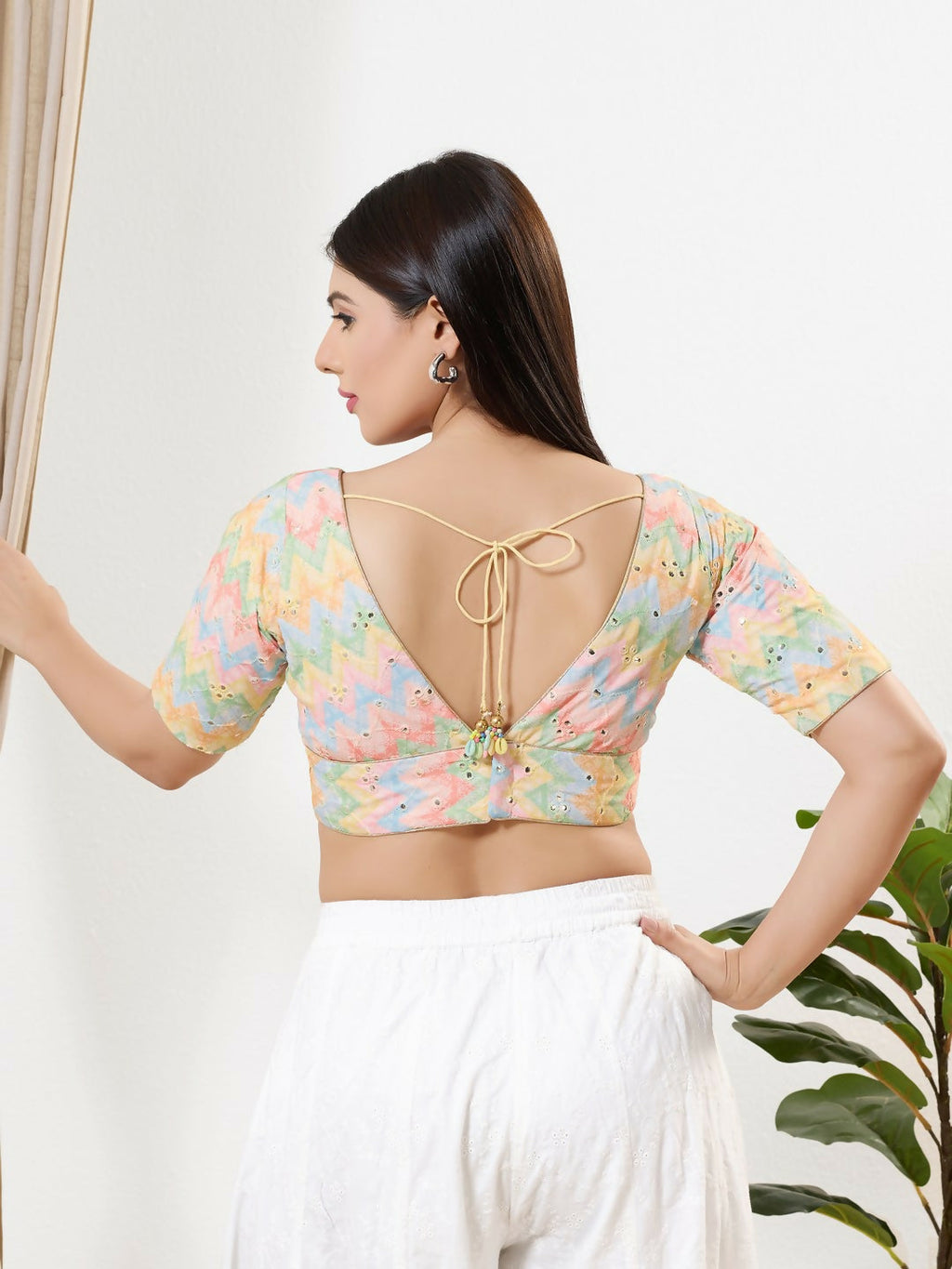 Joban Fashion Multi Silk Padded Blouse With V Neck Elbow Sleeves - Distacart