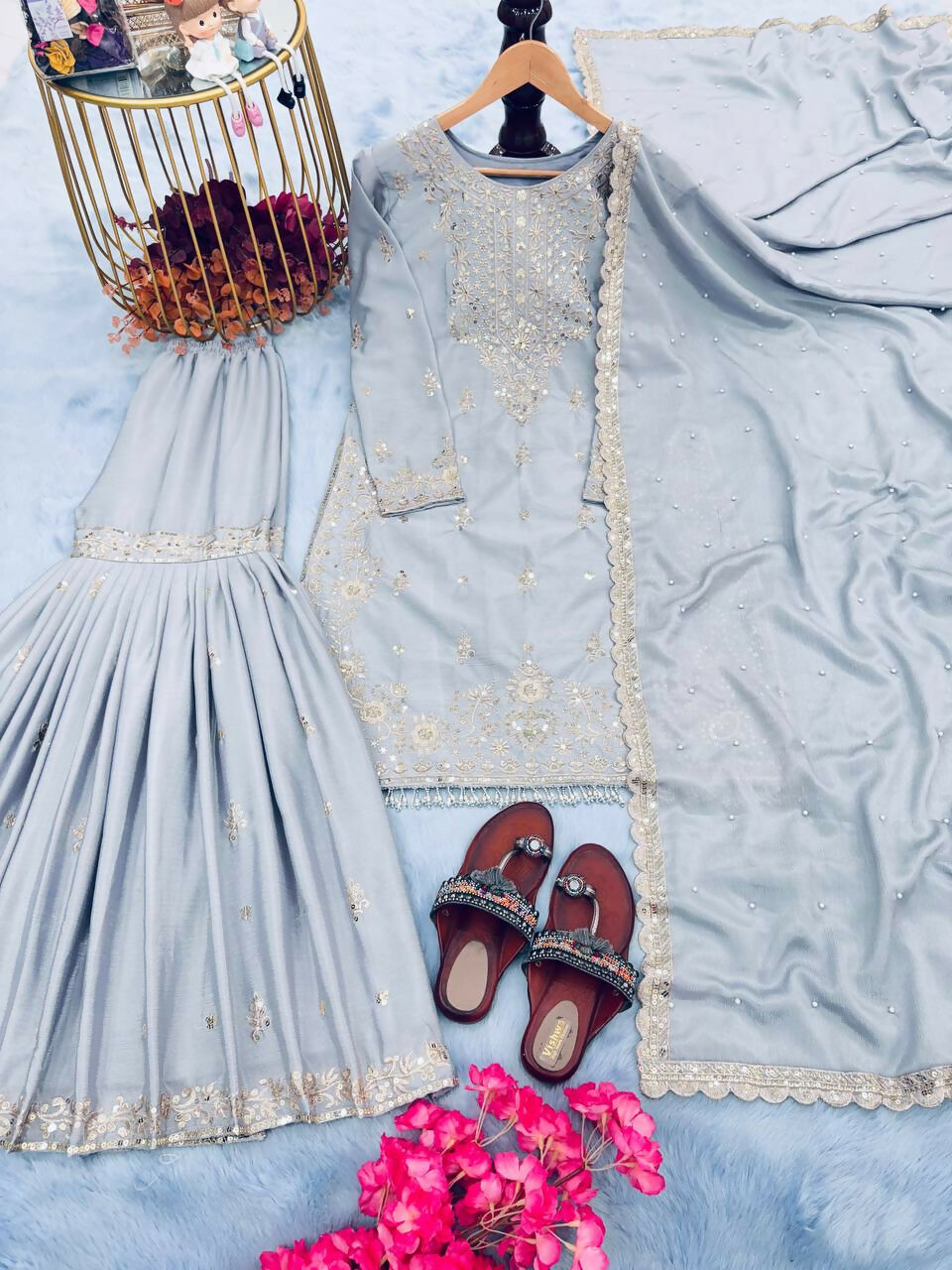 Teeya Creation Grey Color Chinnon Silk Embroidery Work Wedding Wear Salwar Suit - Distacart