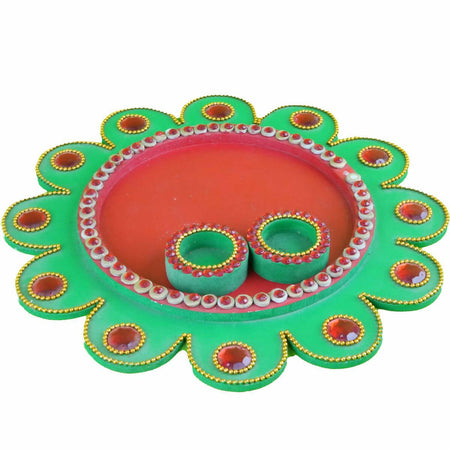 Kundan HandiKrafts Mdf Flower Pooja Thali - Green 01
