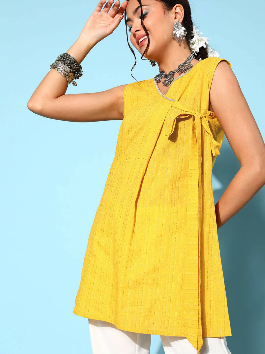 Ahalyaa Women Mustard Cotton Fluid Tie-Up Tunic - Distacart