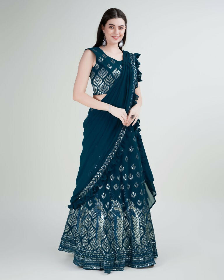 Teal Georgette Sequence Embroidered Lehenga Choli with Dupatta - Tanya