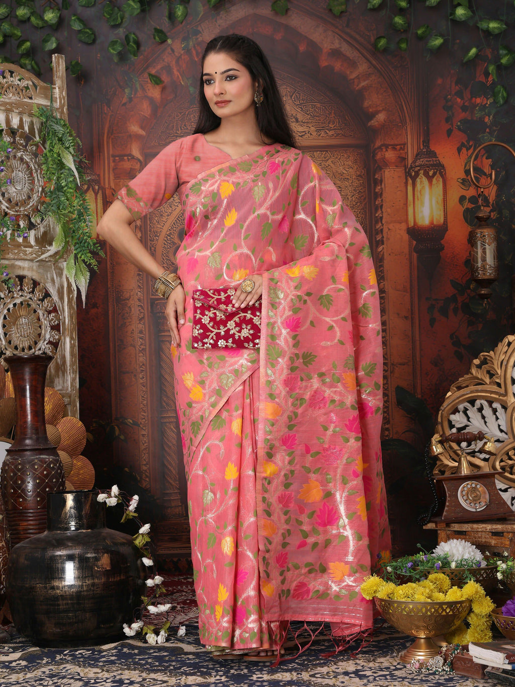 Shree Shyam Fashion Linen Cotton Pink Saree - Distacart
