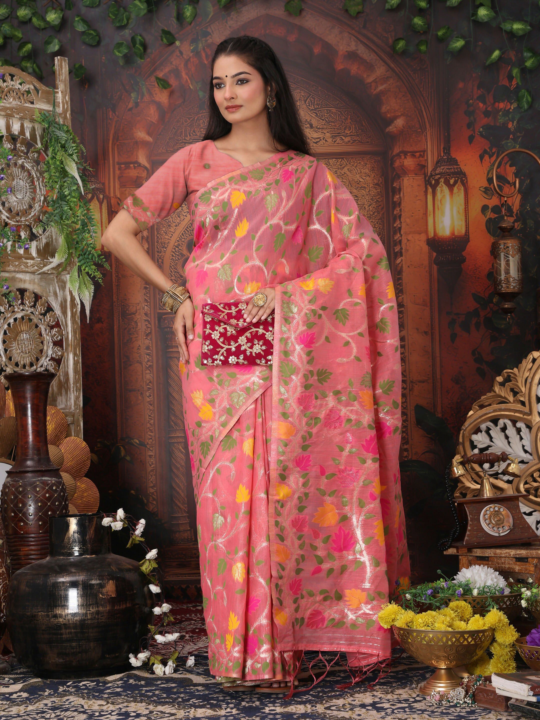 Shree Shyam Fashion Linen Cotton Pink Saree - Distacart