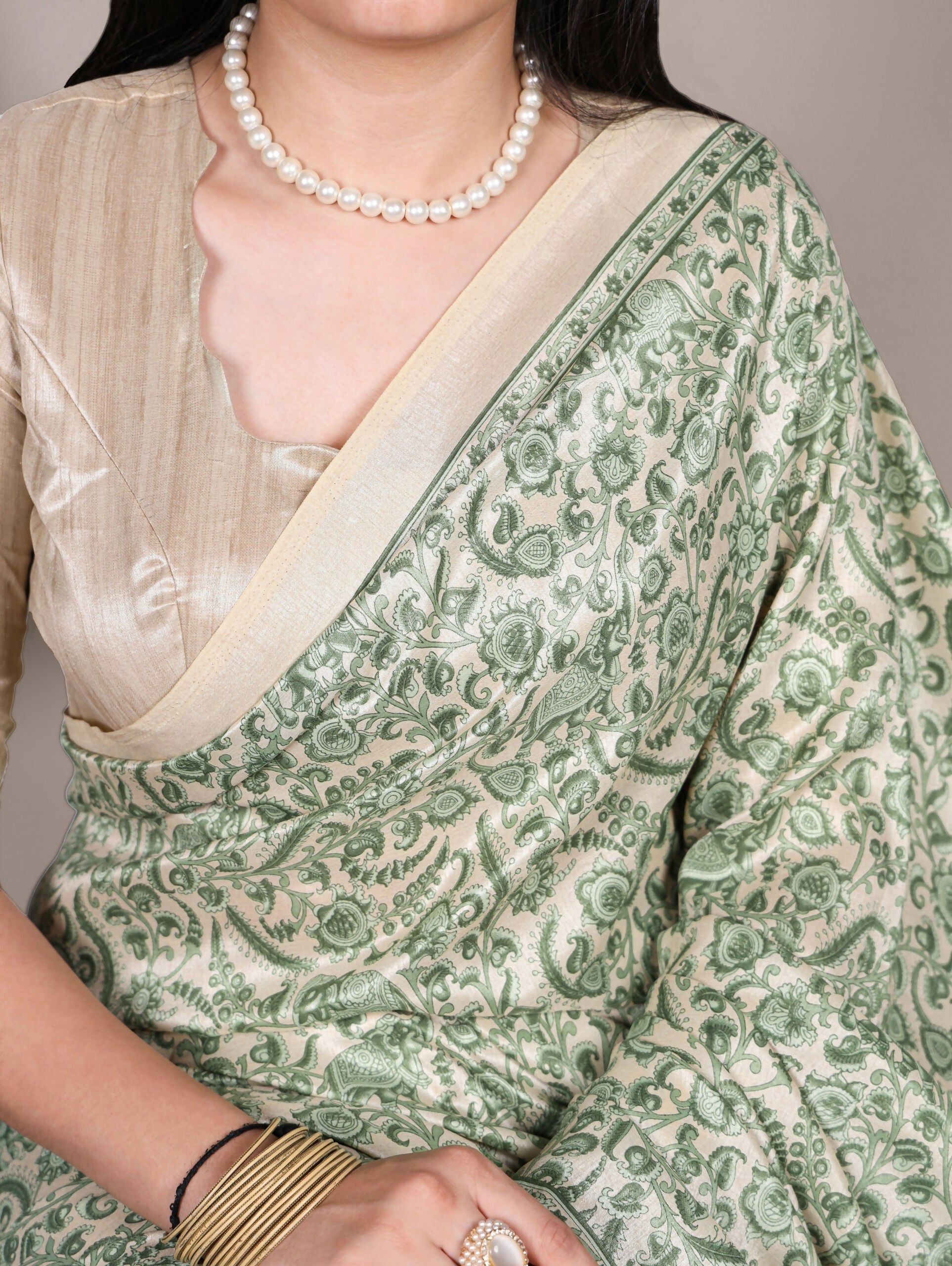Vastranavya Green Tussar Silk Printed Saree with Unstitched Blouse - Distacart