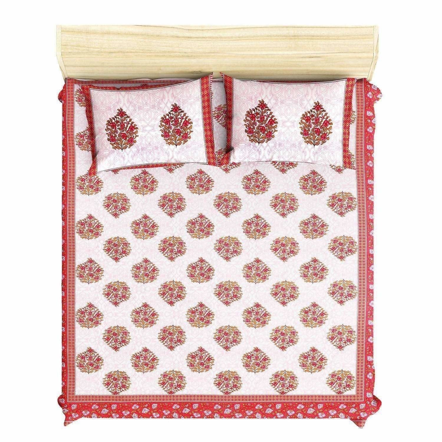 Queen Size 230x270 Cms Jaipuri Hand Block Printed Traditional 144TC Cotton Bedsheet with 2 Pillow Covers