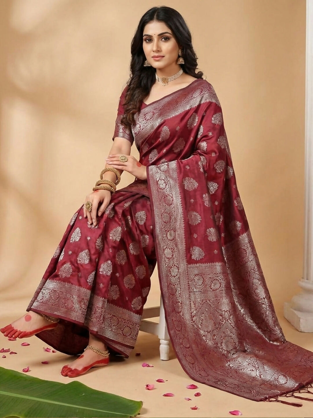 Shree Shyam Fashion Maroon Silk Blend Saree - Distacart