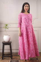 Partywear Designer Hand Screen and Foil Print pink Pure chanderi Gown - Anbazaar - Distacart