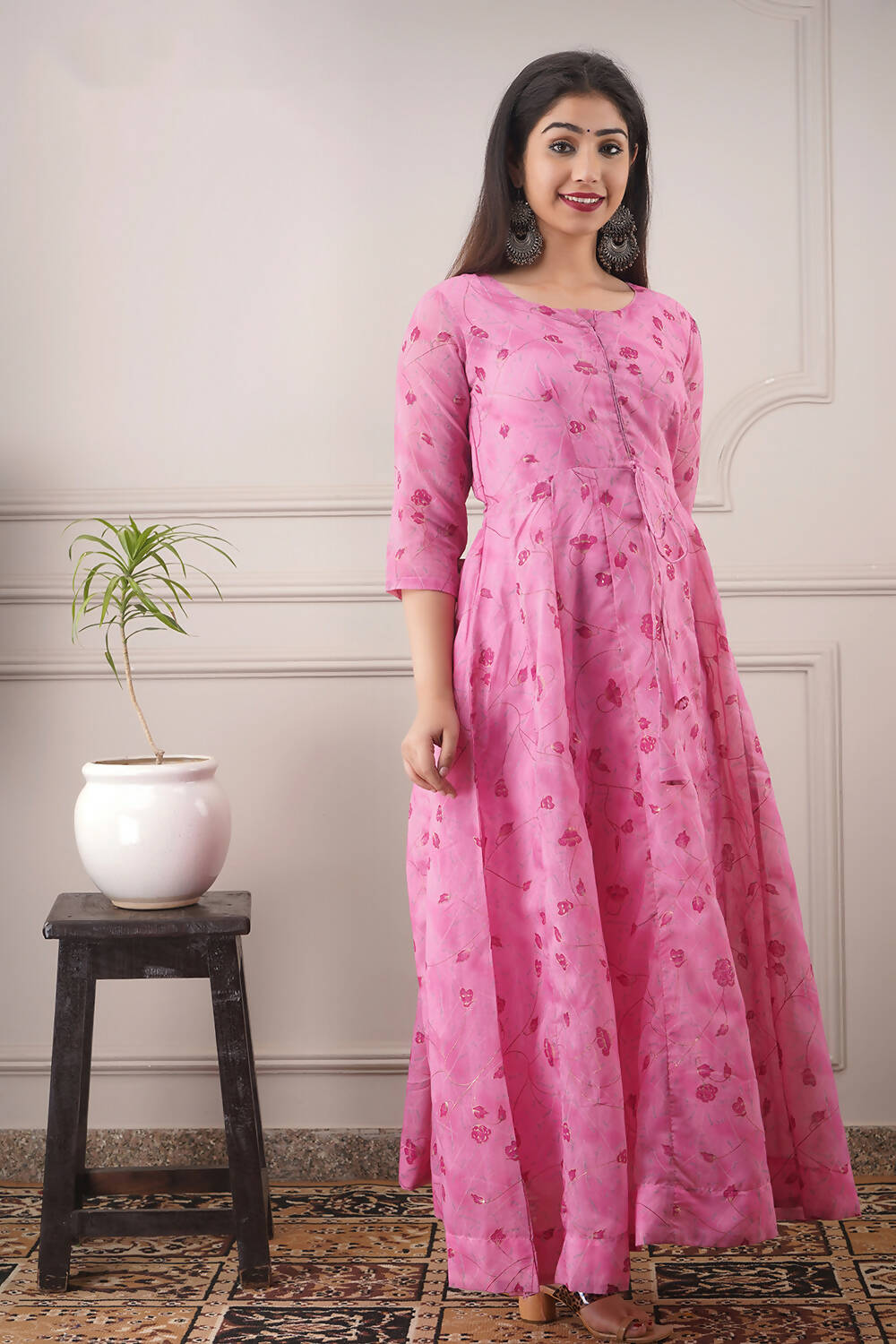 Partywear Designer Hand Screen and Foil Print pink Pure chanderi Gown - Anbazaar - Distacart