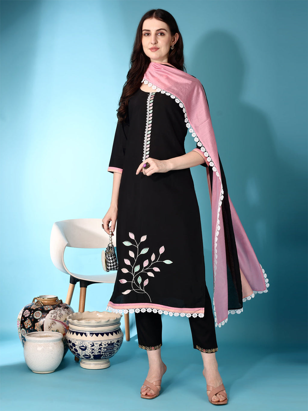Embroidered & Lace Detailing Kurta With Pant & Multicoloured Dupatta, Black - Hiral Fashion - Distacart