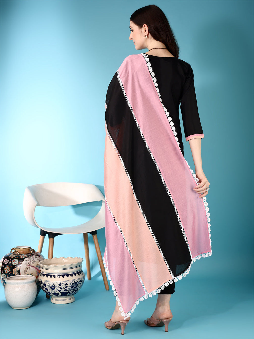 Embroidered & Lace Detailing Kurta With Pant & Multicoloured Dupatta, Black - Hiral Fashion - Distacart