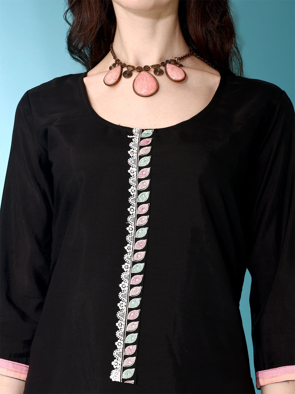 Embroidered & Lace Detailing Kurta With Pant & Multicoloured Dupatta, Black - Hiral Fashion - Distacart