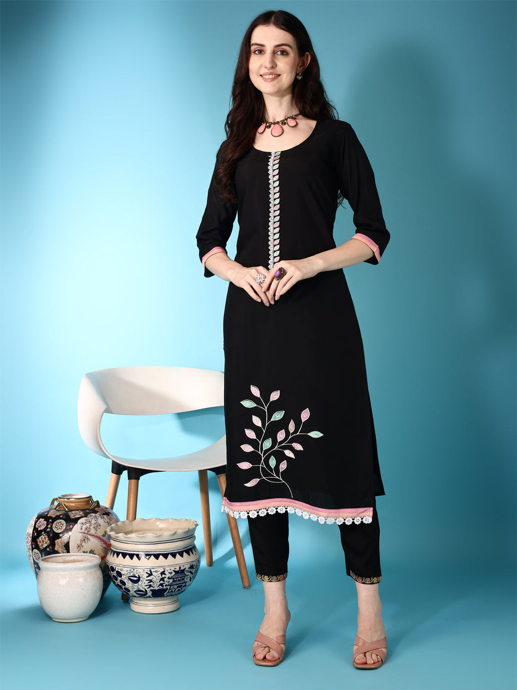 Embroidered & Lace Detailing Kurta With Pant & Multicoloured Dupatta, Black - Hiral Fashion - Distacart