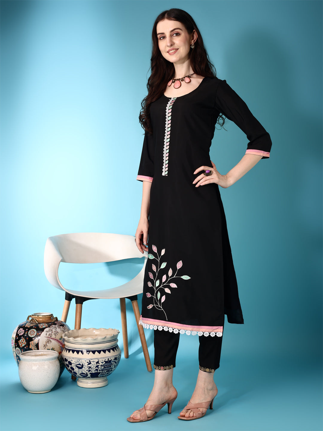 Embroidered & Lace Detailing Kurta With Pant & Multicoloured Dupatta, Black - Hiral Fashion - Distacart