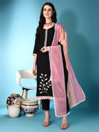 Embroidered & Lace Detailing Kurta With Pant & Multicoloured Dupatta, Black - Hiral Fashion - Distacart