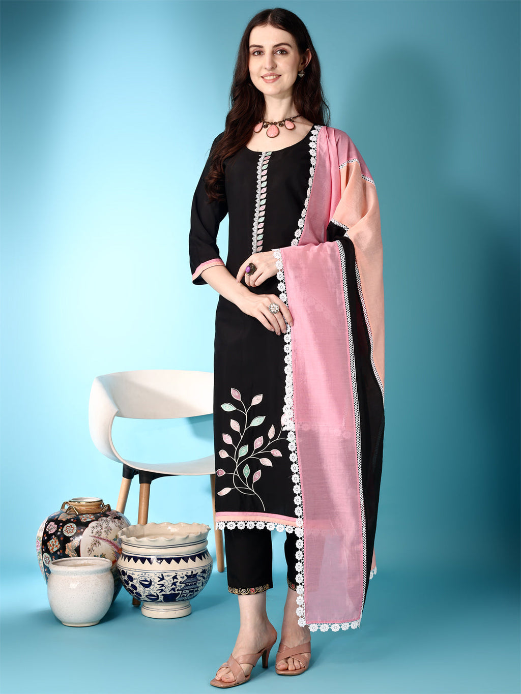 Embroidered & Lace Detailing Kurta With Pant & Multicoloured Dupatta, Black - Hiral Fashion - Distacart