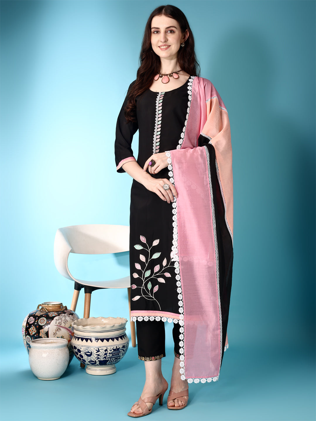Embroidered & Lace Detailing Kurta With Pant & Multicoloured Dupatta, Black - Hiral Fashion - Distacart