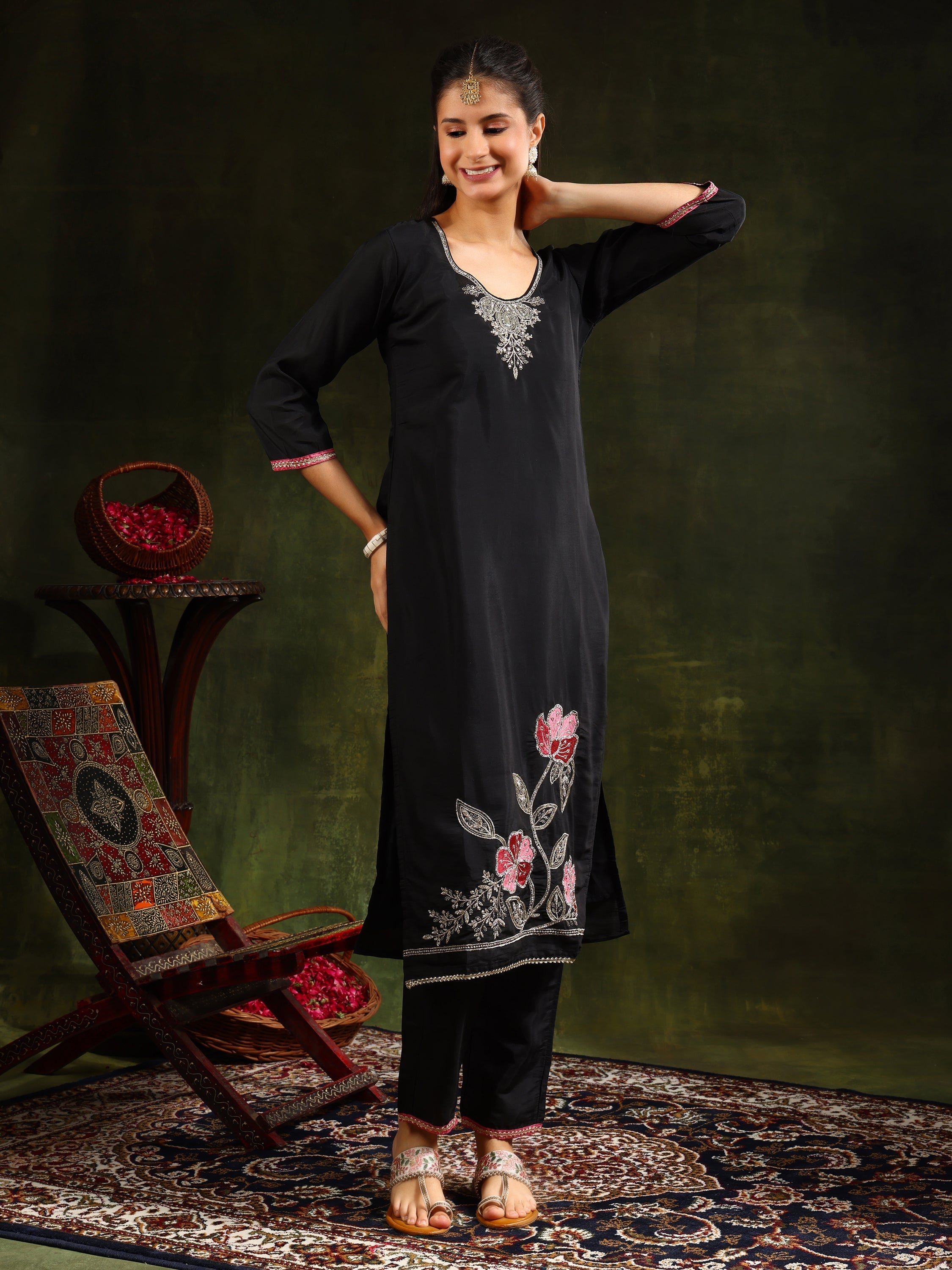 Swarovski & Sequined Embroidered Kurta With Pant & Dupatta, Black - Hiral Fashion - Distacart