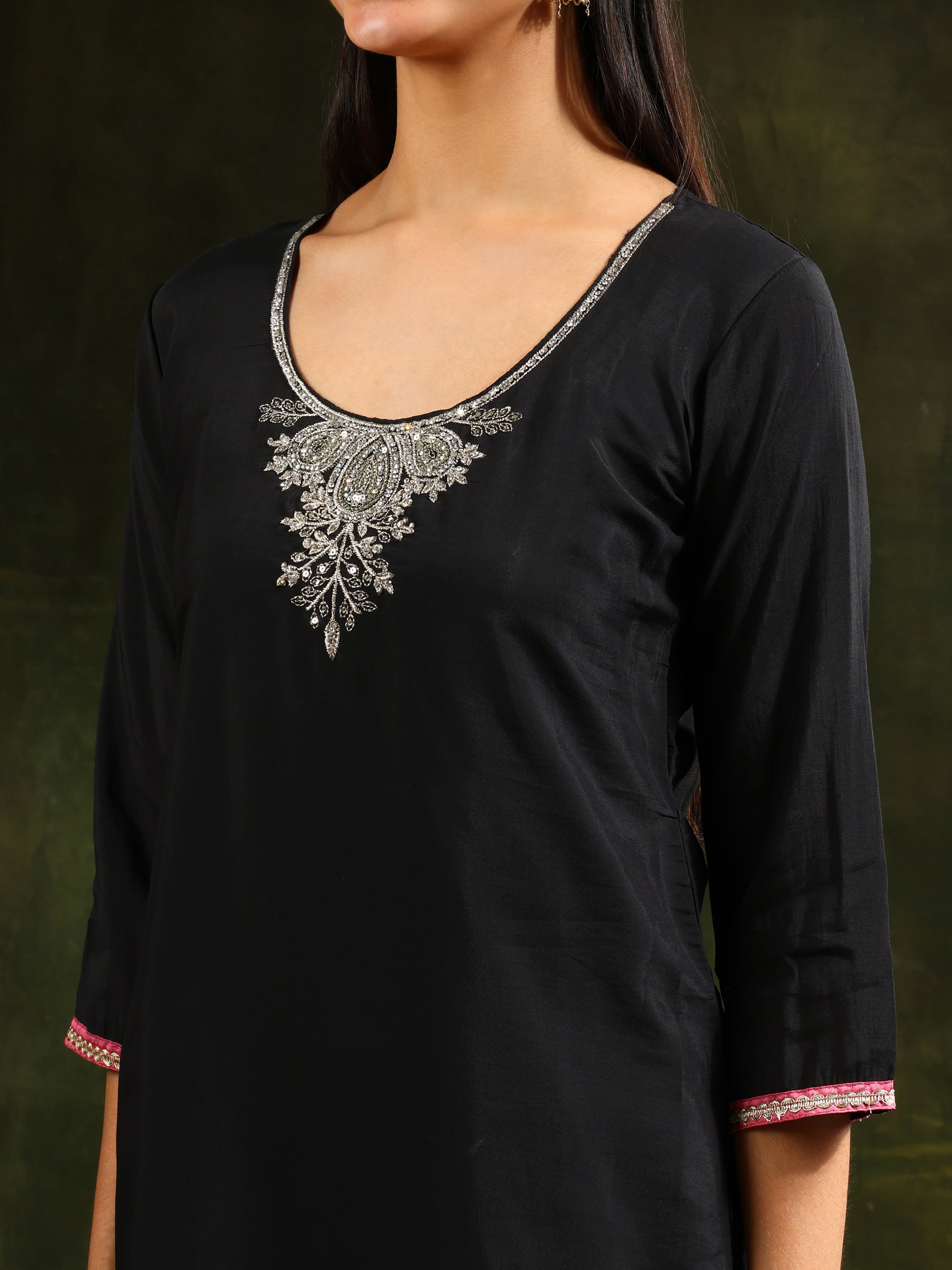 Swarovski & Sequined Embroidered Kurta With Pant & Dupatta, Black - Hiral Fashion - Distacart