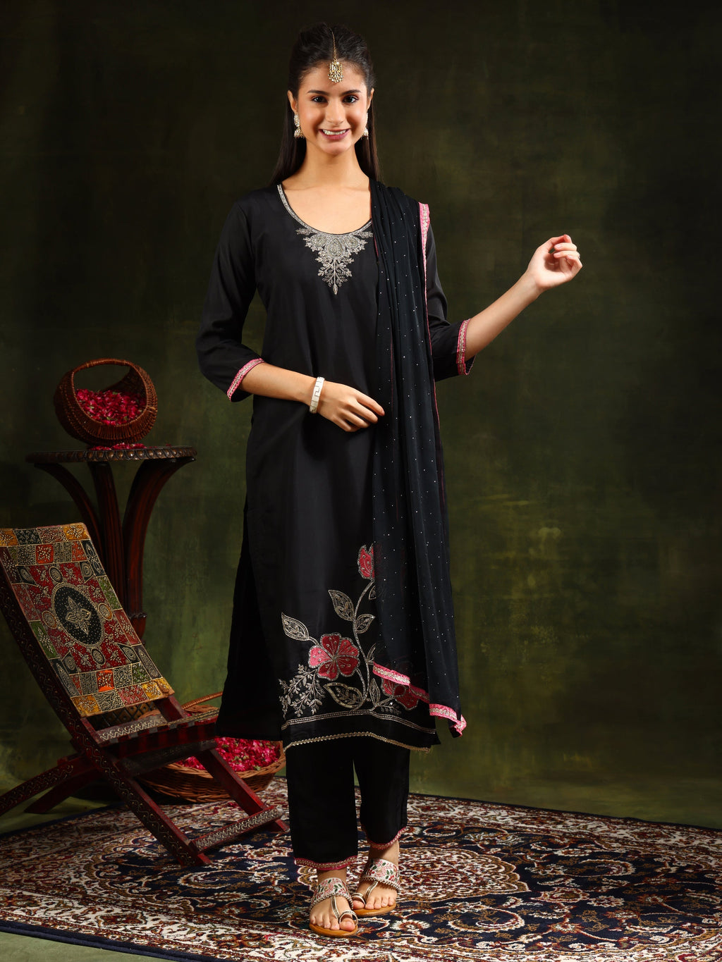 Swarovski & Sequined Embroidered Kurta With Pant & Dupatta, Black - Hiral Fashion - Distacart