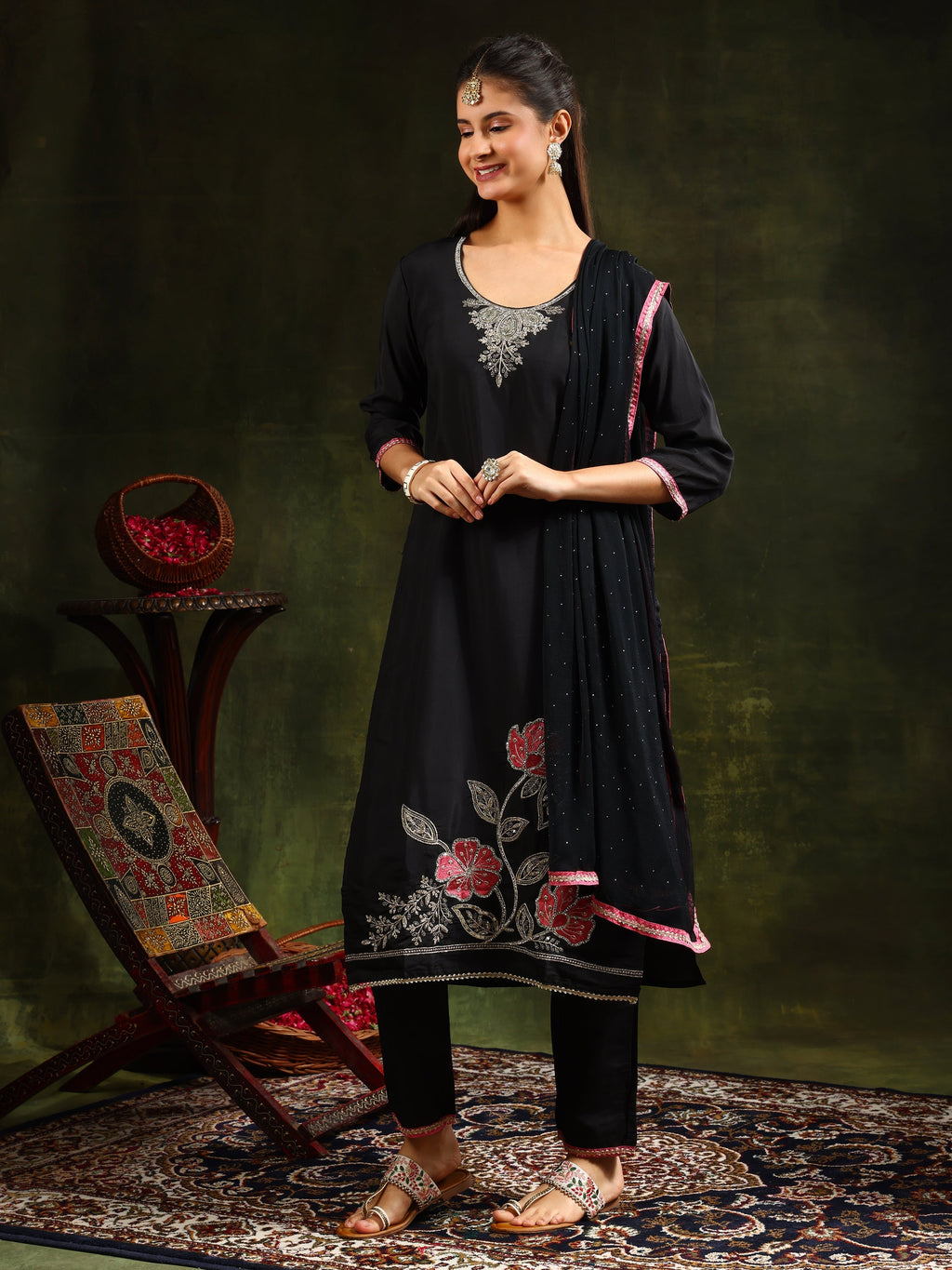 Swarovski & Sequined Embroidered Kurta With Pant & Dupatta, Black - Hiral Fashion - Distacart