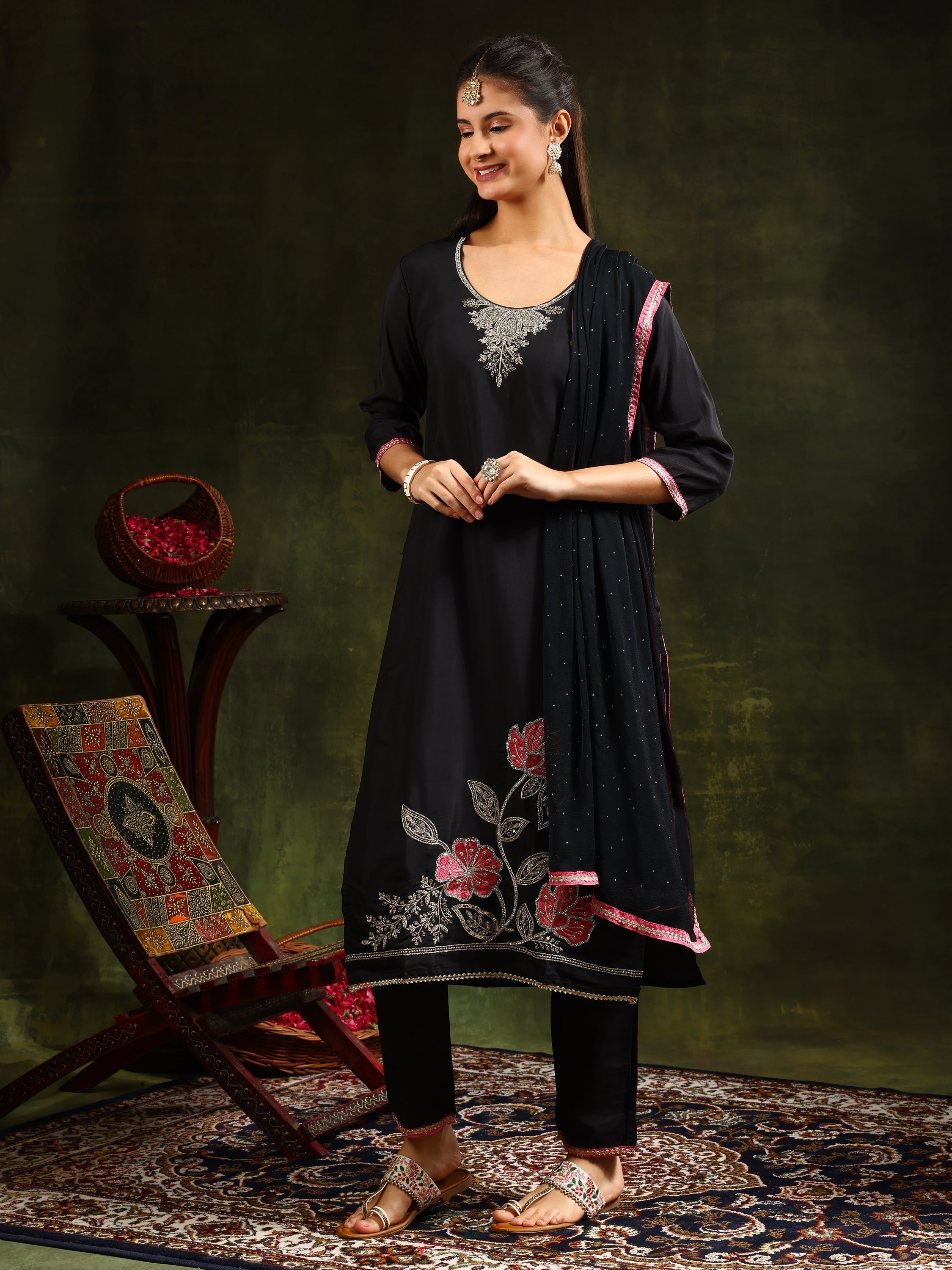 Swarovski & Sequined Embroidered Kurta With Pant & Dupatta, Black - Hiral Fashion - Distacart