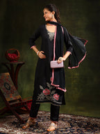 Swarovski & Sequined Embroidered Kurta With Pant & Dupatta, Black - Hiral Fashion - Distacart