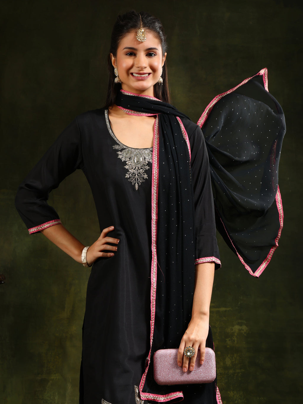 Swarovski & Sequined Embroidered Kurta With Pant & Dupatta, Black - Hiral Fashion - Distacart