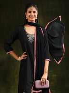 Swarovski & Sequined Embroidered Kurta With Pant & Dupatta, Black - Hiral Fashion - Distacart
