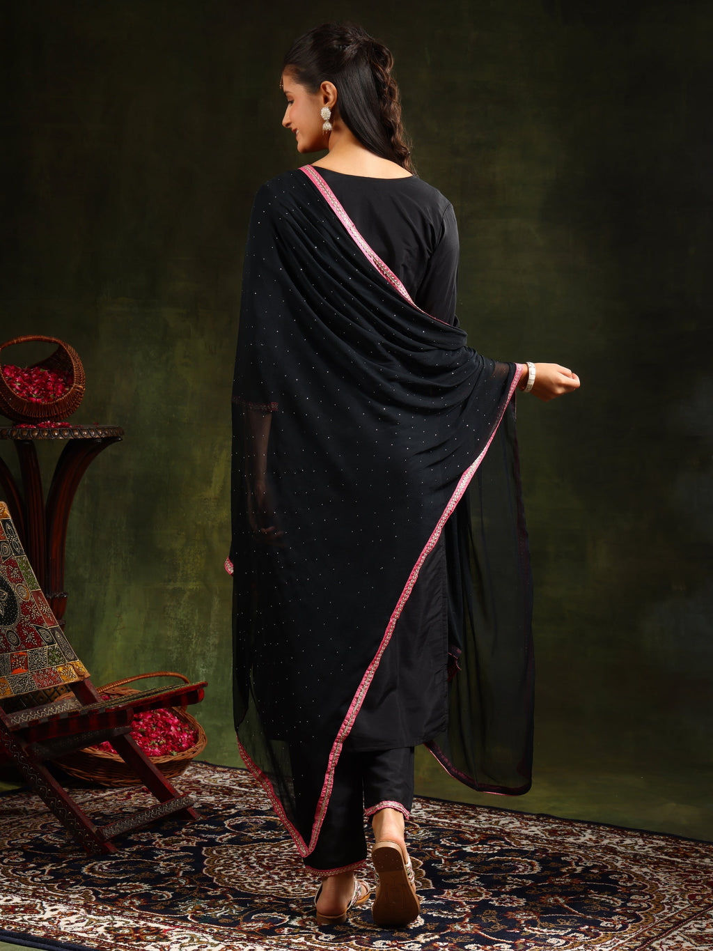 Swarovski & Sequined Embroidered Kurta With Pant & Dupatta, Black - Hiral Fashion - Distacart