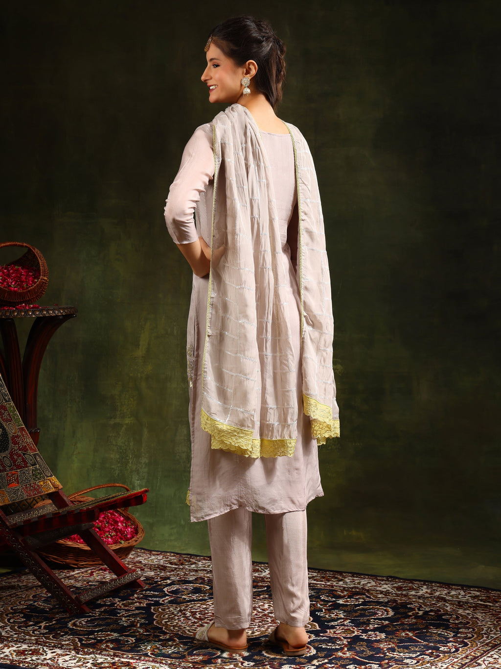 Hand Embroidered Kurta With Pant & Organza Sequined Embroidered Dupatta, Grey - Hiral Fashion - Distacart