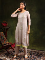 Hand Embroidered Kurta With Pant & Organza Sequined Embroidered Dupatta, Grey - Hiral Fashion - Distacart