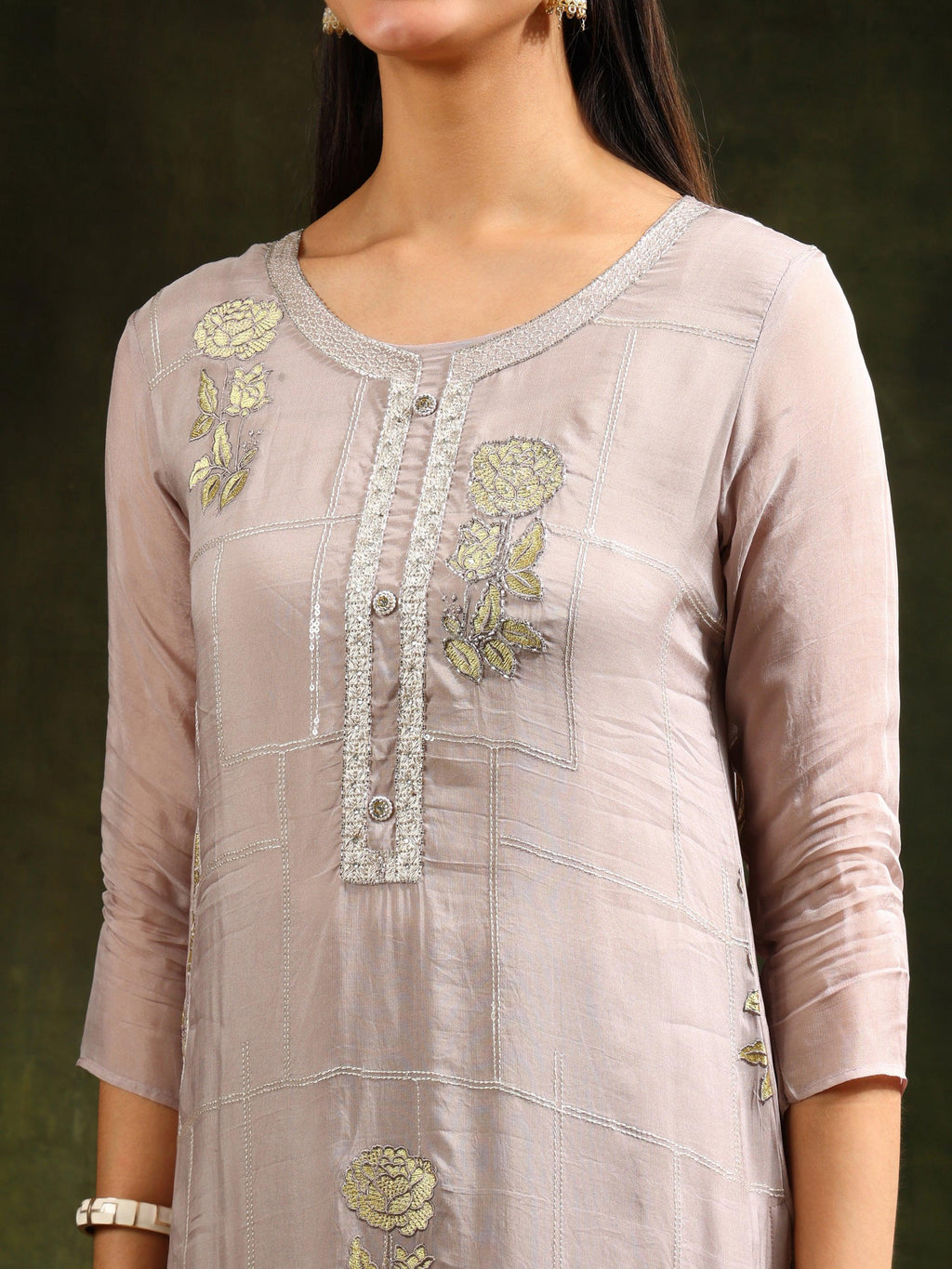 Hand Embroidered Kurta With Pant & Organza Sequined Embroidered Dupatta, Grey - Hiral Fashion - Distacart