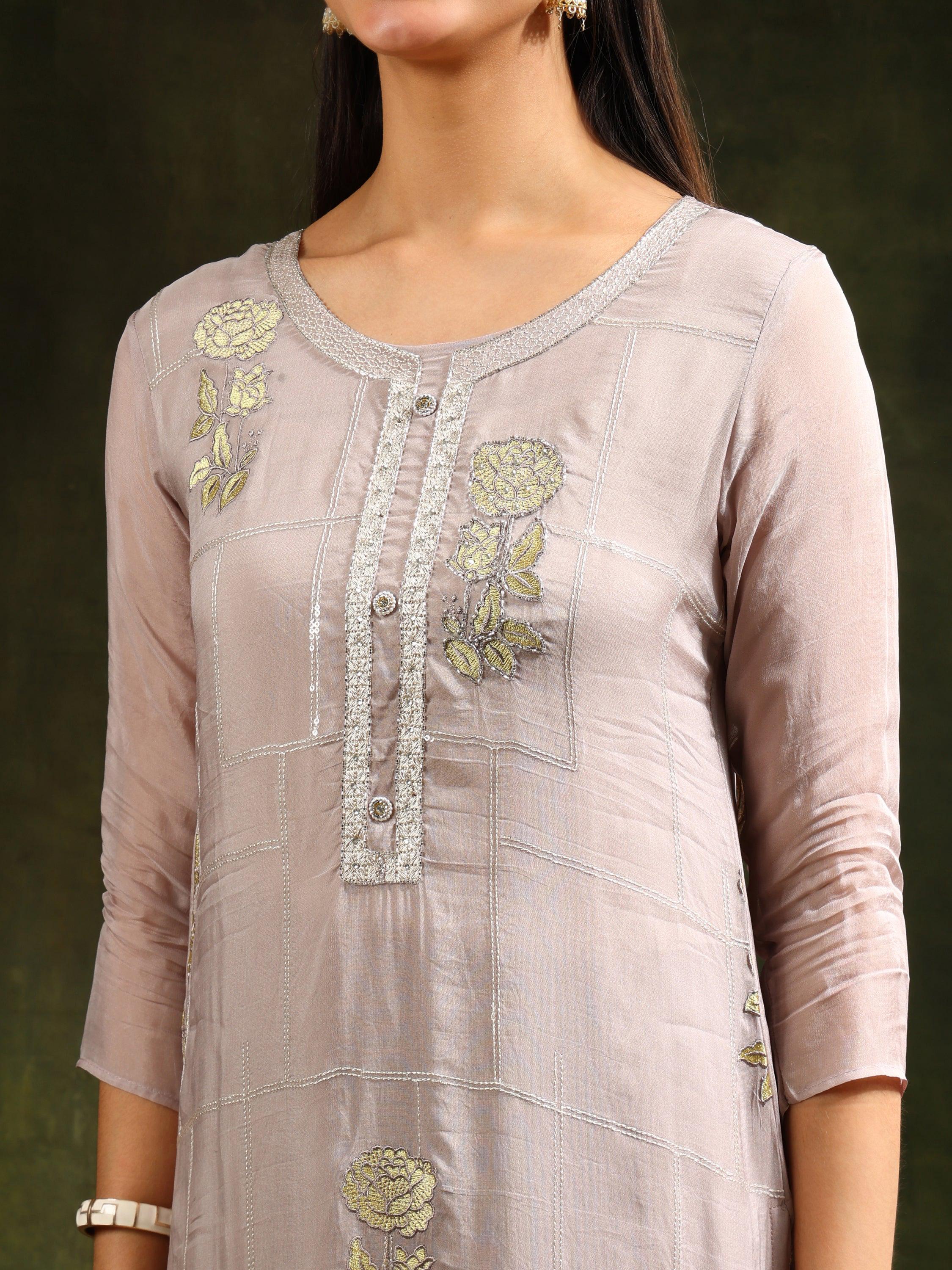Hand Embroidered Kurta With Pant & Organza Sequined Embroidered Dupatta, Grey - Hiral Fashion - Distacart