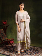 Hand Embroidered Kurta With Pant & Organza Sequined Embroidered Dupatta, Grey - Hiral Fashion - Distacart