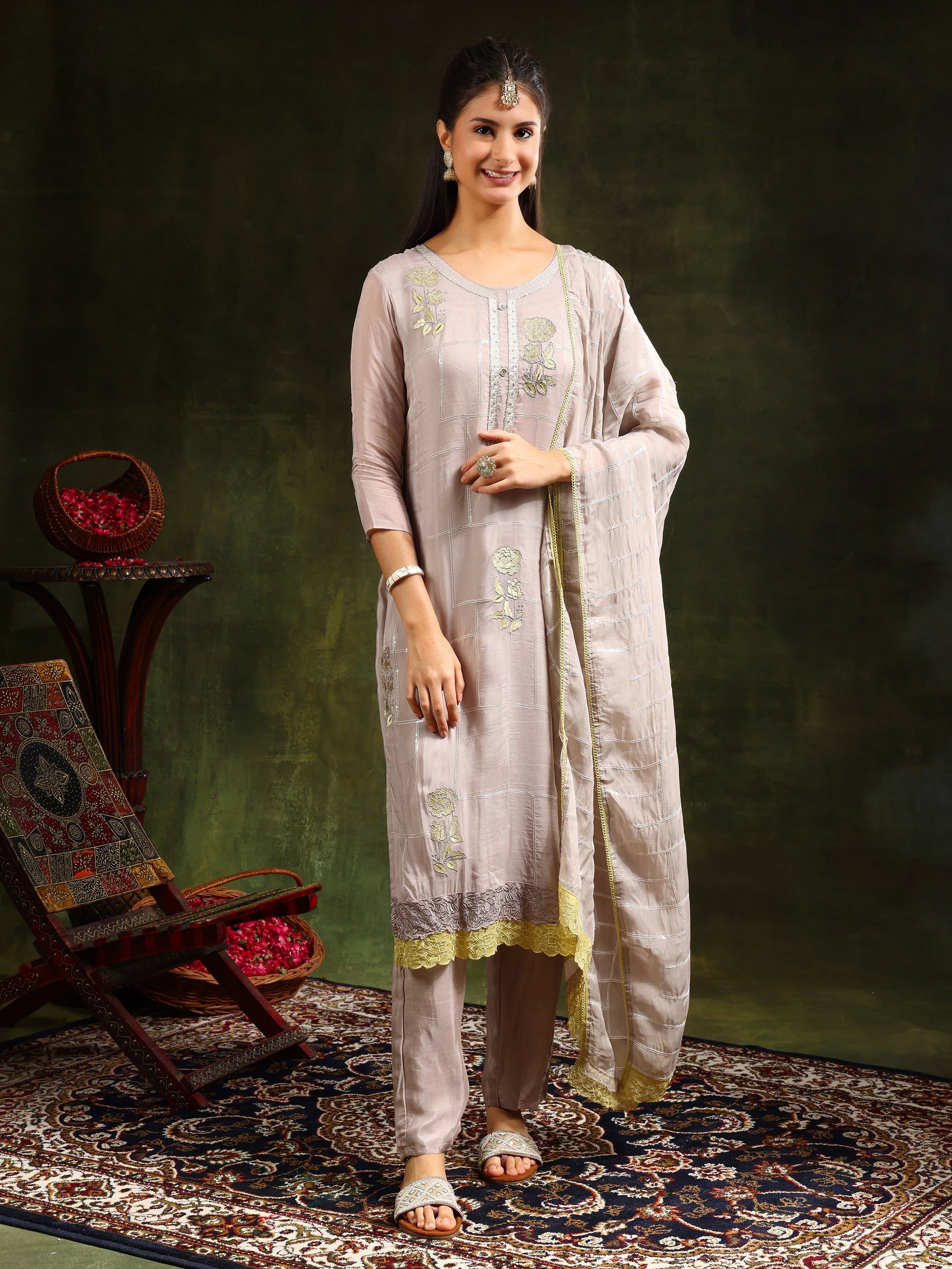 Hand Embroidered Kurta With Pant & Organza Sequined Embroidered Dupatta, Grey - Hiral Fashion - Distacart