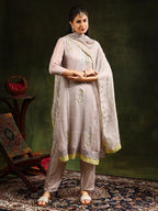 Hand Embroidered Kurta With Pant & Organza Sequined Embroidered Dupatta, Grey - Hiral Fashion - Distacart