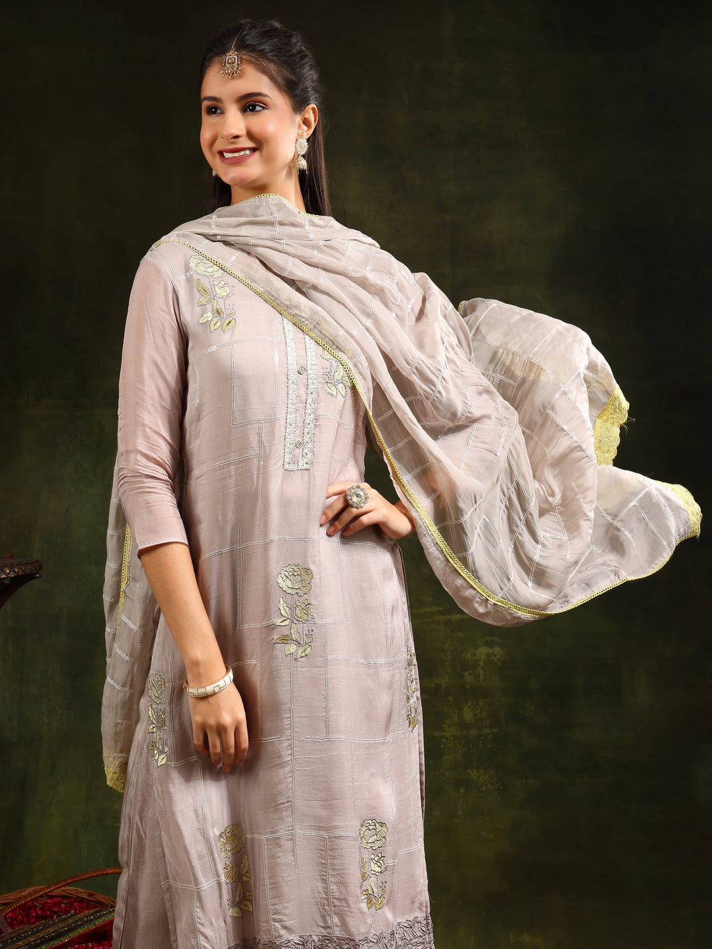 Hand Embroidered Kurta With Pant & Organza Sequined Embroidered Dupatta, Grey - Hiral Fashion - Distacart