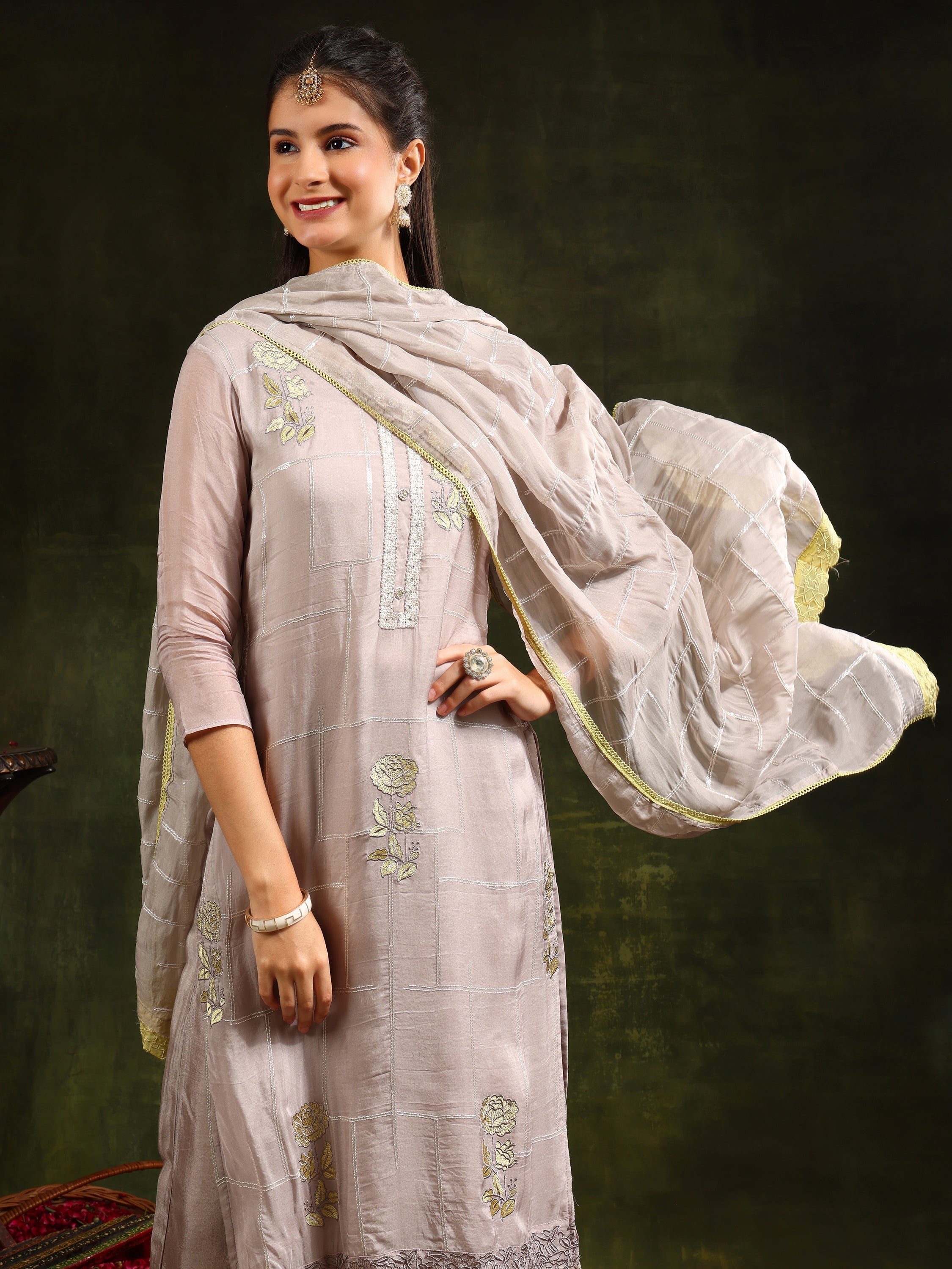 Hand Embroidered Kurta With Pant & Organza Sequined Embroidered Dupatta, Grey - Hiral Fashion - Distacart