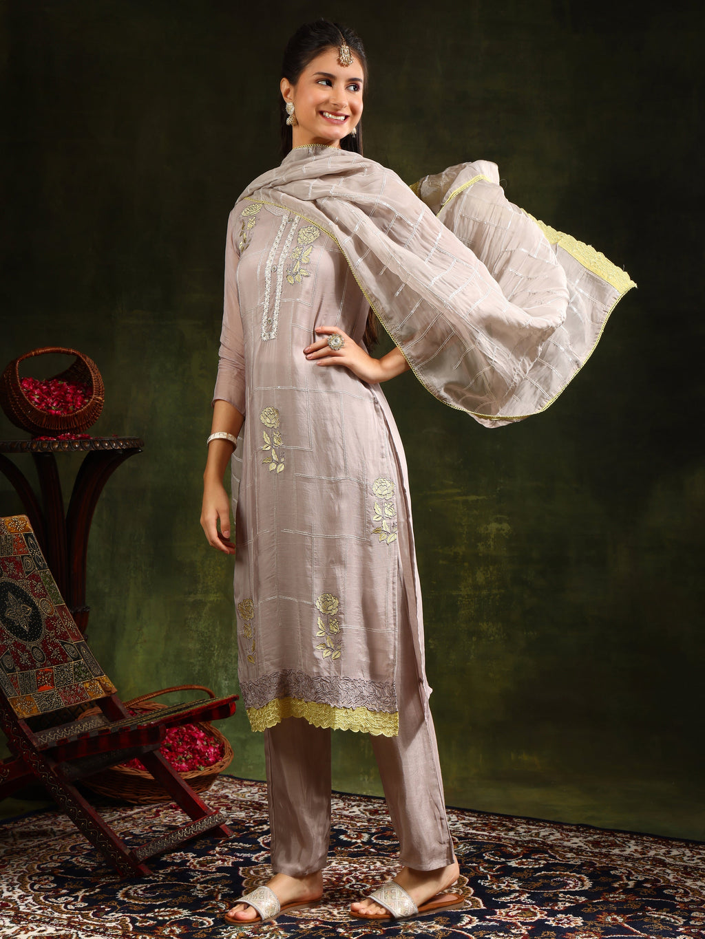 Hand Embroidered Kurta With Pant & Organza Sequined Embroidered Dupatta, Grey - Hiral Fashion - Distacart